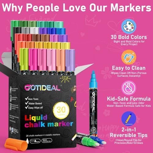 Image of GOTIDEAL Chalk Markers, 30 Colors Liquid Chalk Markers for Blackboard Chalkboard Calendar Glass Neon Pens, Washable Window markers Paint and Drawing for Car, Auto, Bistro,Mirror Wet Erase Chisel Tip