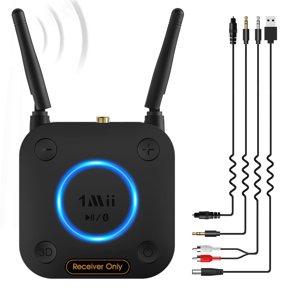 1Mii Receptor Bluetooth 5.3 HiFi, Adaptador Audio Bluetooth Control Volumen, Salida Óptica AUX 3.5mm, Coaxial, 3D Surround con aptX LL de Baja Latencia para Altavoces, Estéreo Hogar, Largo Alcance
