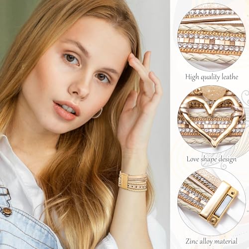 2Pcs Leather Wrap Bracelets for Women, Layered Heart Bracelet with Clasp, Multilayer Stack Boho Leather Bracelets for Women3