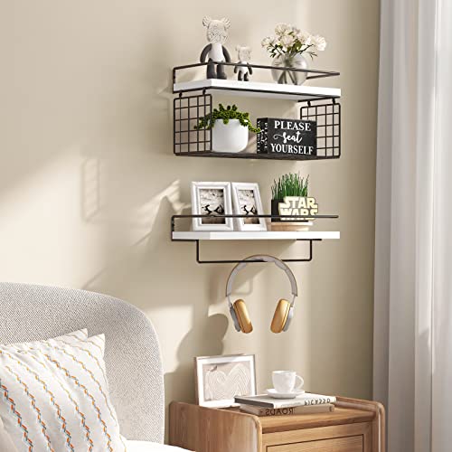 Fixwal 2+1 Tier Wall Mounted Floating Shelves With Wire Storage Basket & Towel Rack, Rustic Wood Bathroom Shelves With Metal Frame, Farmhouse Decor For Kitchen, Bedroom, Living Room(White) #TOP6