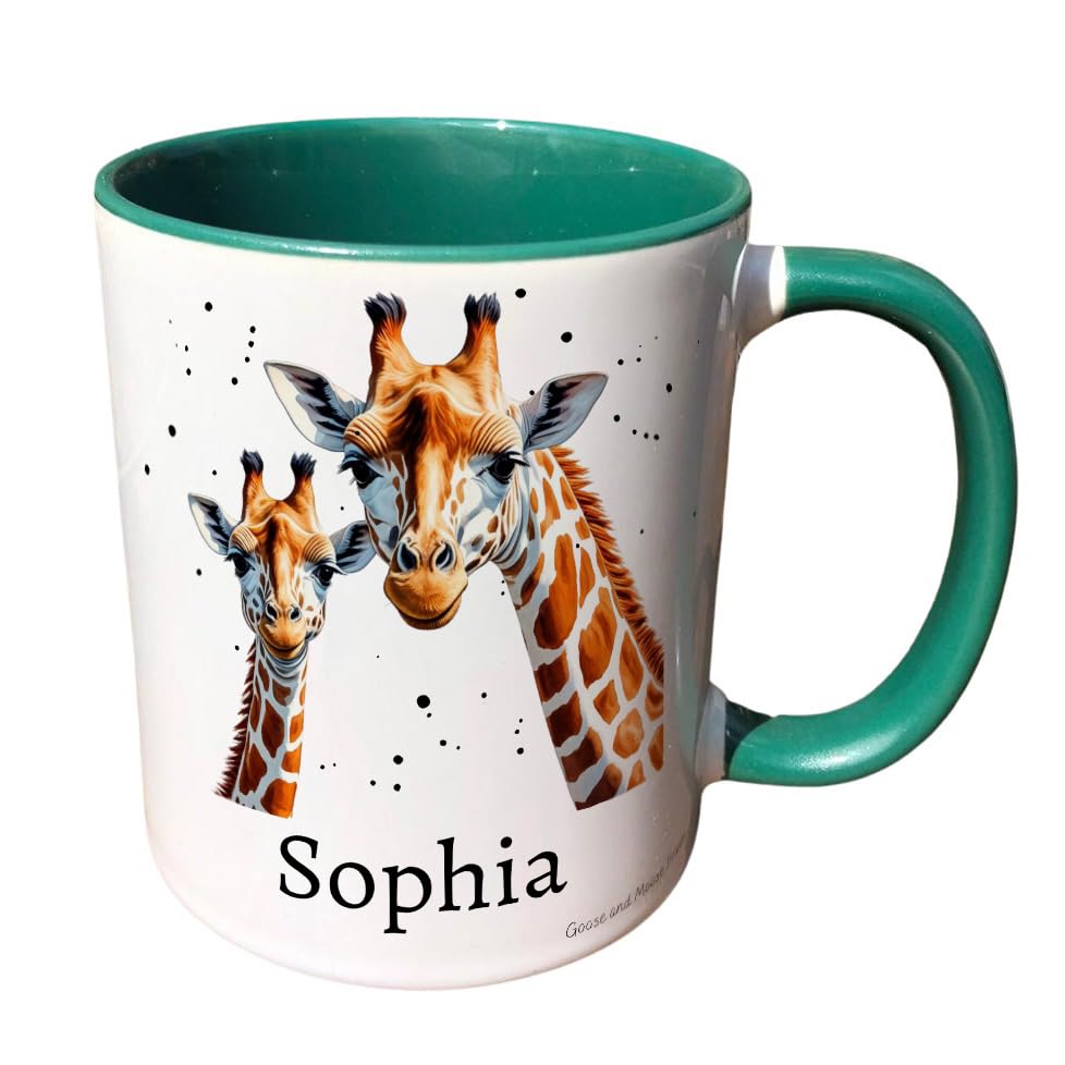 Personalised Giraffe Mug, Gift for Safari Lover, Thank you Present for Zoo Animal lover, Housewarming Coffee Cup, Country Kitchenware (Green)