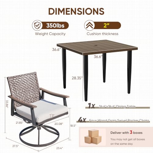 Image of NATURAL EXPRESSIONS Outdoor Dining Set,Patio Table and Chairs Set with 4 Rattan Wicker Swivel Chairs,5 Piece Patio Dining Set for 4,36.6 inch Woodgrain Table with 1.65 inch Umbrella Hole,Patio Sets for Yard