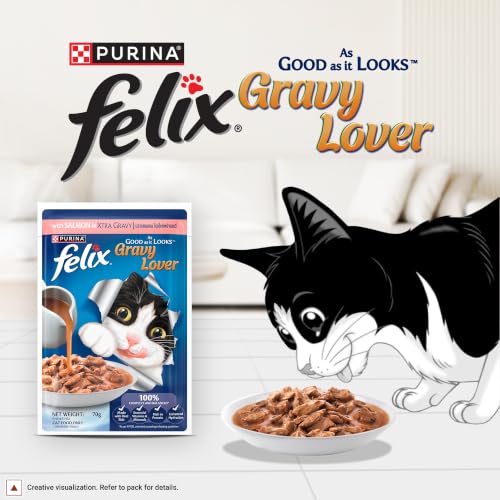 Image of Purina Felix Salmon Gravy Lover, Wet Adult Cat Food, Pack of 12 (12x70g) | With Salmon in Gravy, Tasty Meaty Chunks, 100% Complete & Balanced Nutrition, Vitamins D & E, Omega 6, Essential Minerals