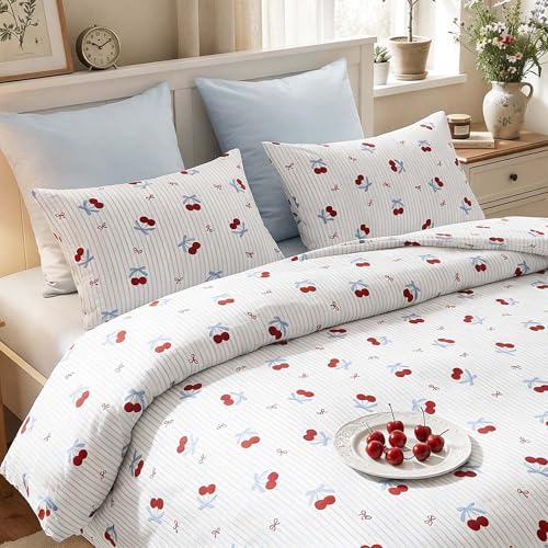 Image of Nayoroom Blue Striped Bow Duvet Cover Queen Size Red Cherry Duvet Cover 3 Pieces Soft Lightweight Microfiber Girls Cute Aesthetic Dorm Bedding Set with Zipper Closure