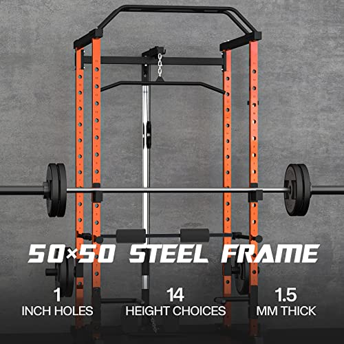 Mappding 1500Lbs Squat Cage, Power Rack For Home Gym With Lat Pullup System, T Bar, Leg Hold-Down Attachment, Weight Cage With More Training Attachment For Garage Workout Strength Training, Orange #TOP4
