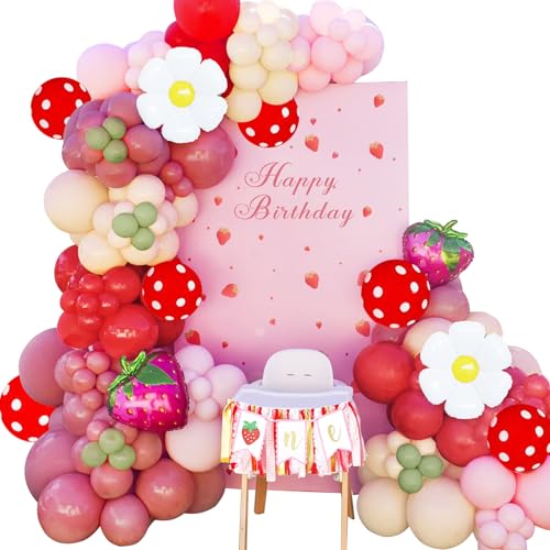 Image of JOGAMS 196Pcs Strawberry Balloon Arch Garland Kit with Dusty Pink Beige Daisy Flower Strawberry Foil Red Polka Dot Balloons for Berry First Sweet One Strawberry Birthday Baby Shower Party Decorations