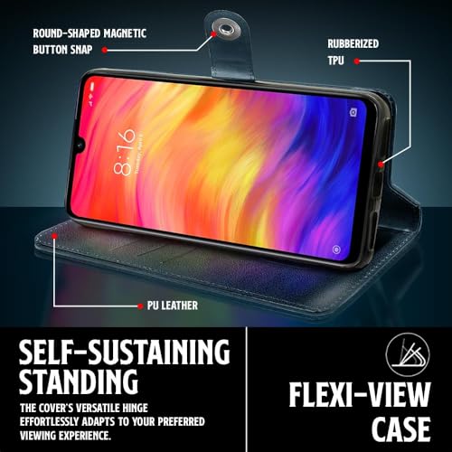Image of WOW IMAGINE Shock Proof Flip Cover Back Case for Xiaomi Mi Redmi Note 7 | 7 Pro | 7S (Magnetic Button Flip Case | Wallet Pockets & Stand | Leather Finish | Oxford Blue)