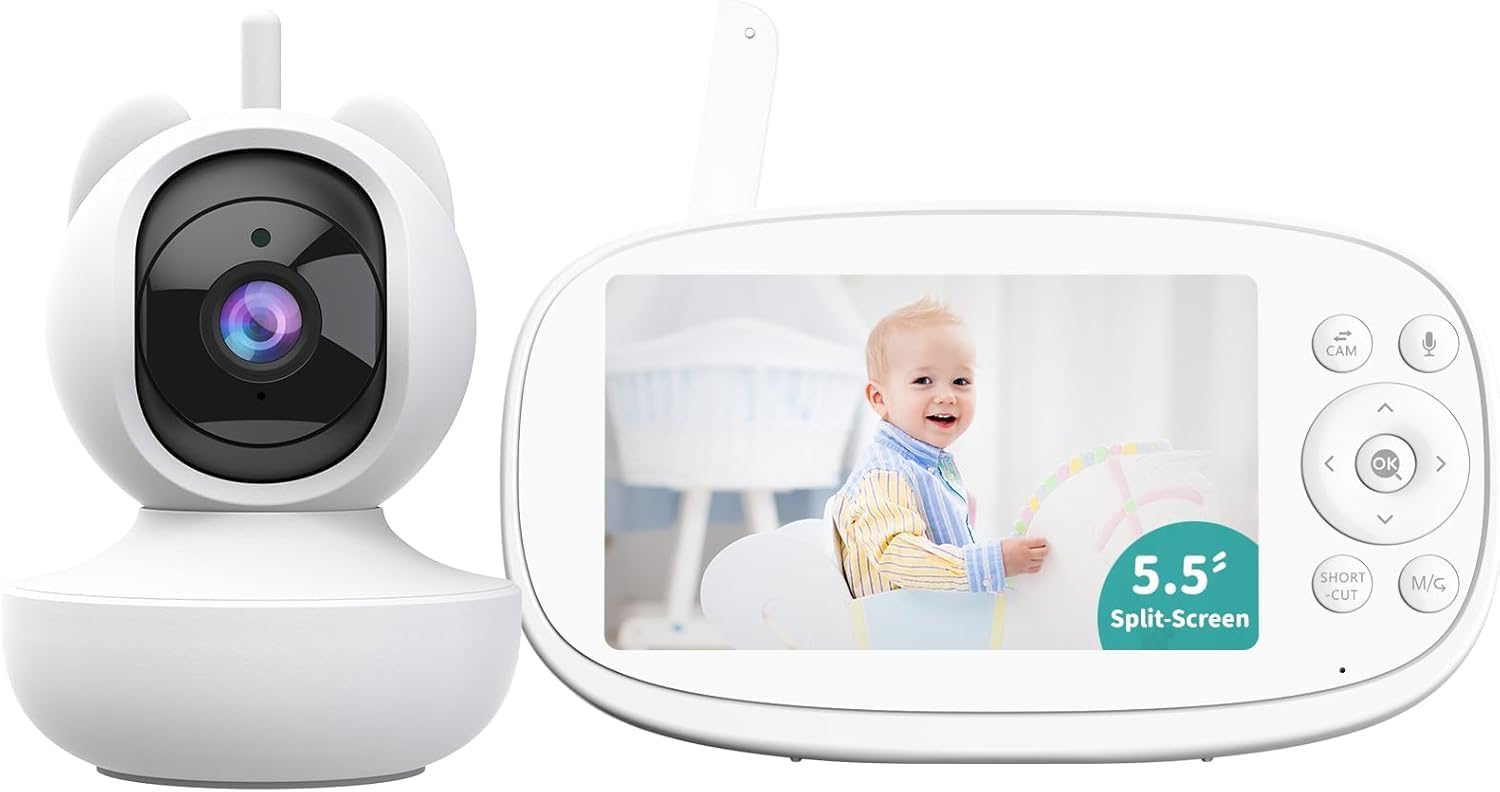 Babyfoon, 5,5" gesplitst scherm 2-weg talk videomonitor met camera en audio, automatische bewegingsregistratie, AL virtueel hek, lokaal afspelen, huilen detectie, 5x zoom, Vox, geen wifi