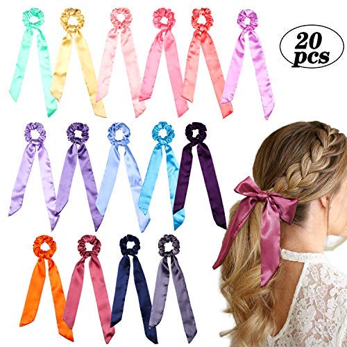 WATINC 20Pcs Satin Hair Scrunchies Silk Scrunchie with Bows 2 in 1 Vintage Hair Ties Solid Colors Hair Bobbles Traceless Ponytail Holder Bowknot Colorful Hair Accessories Ropes Scrunchy for Women