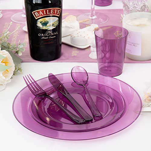 Wdf 25 Guest Purple Plastic Plates With Purple Plastic Silverware & Purple Plastic Cups -Neon Clear Purple Plates Include 25 Dinner Plates,25Salad Plates,25Forks, 25Knives,25 Spoons,25Cups #TOP3