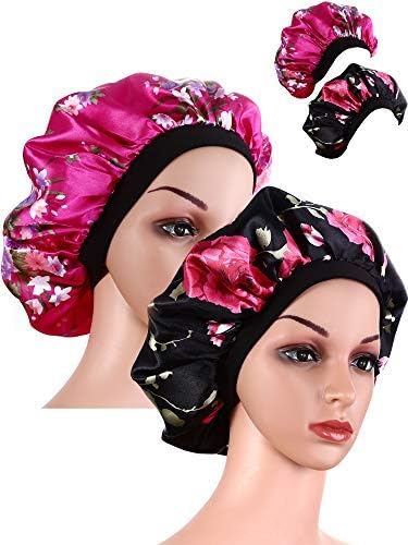 2 Pieces Wide Band Satin Cap Sleep Bonnet Soft Night Sleep Hat for Women and Girls (Black and Rose red)