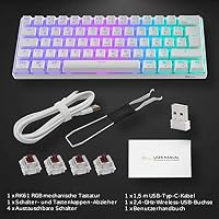 RK61 Mechanische Gaming-Tastatur, 2,4 GHz Kabellose/Bluetooth/Verkabelte 60% Mechanische Tastatur 61 Tasten, Hot-Swap-fähiger Brauner Schalter mit RGB-Beleuchtung für Win/Mac Weiß (QWERTZ) – Ansicht 9