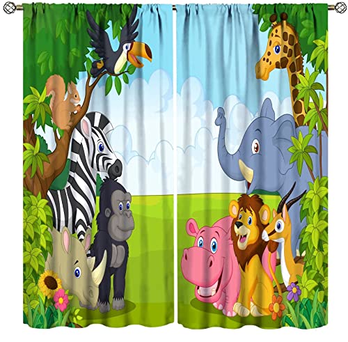 Kids Cartoon Animal Curtains Zoo Theme Jungle Safari Wildlife Elephant Giraffe Lion Print Pattern Blackout Rod Pocket Curtains Set for Bedroom Living Room Decor Window Drapes 52x84in