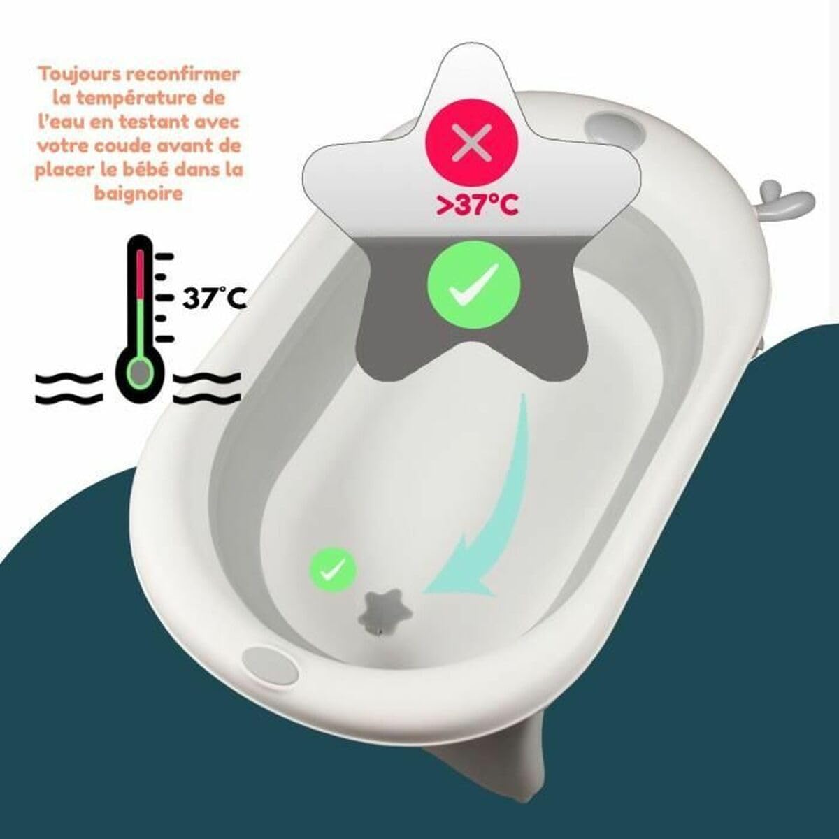 Bambisol Vasca da bagno pieghevole con tappo di scarico spia di temperatura | GRIGIO BIANCO