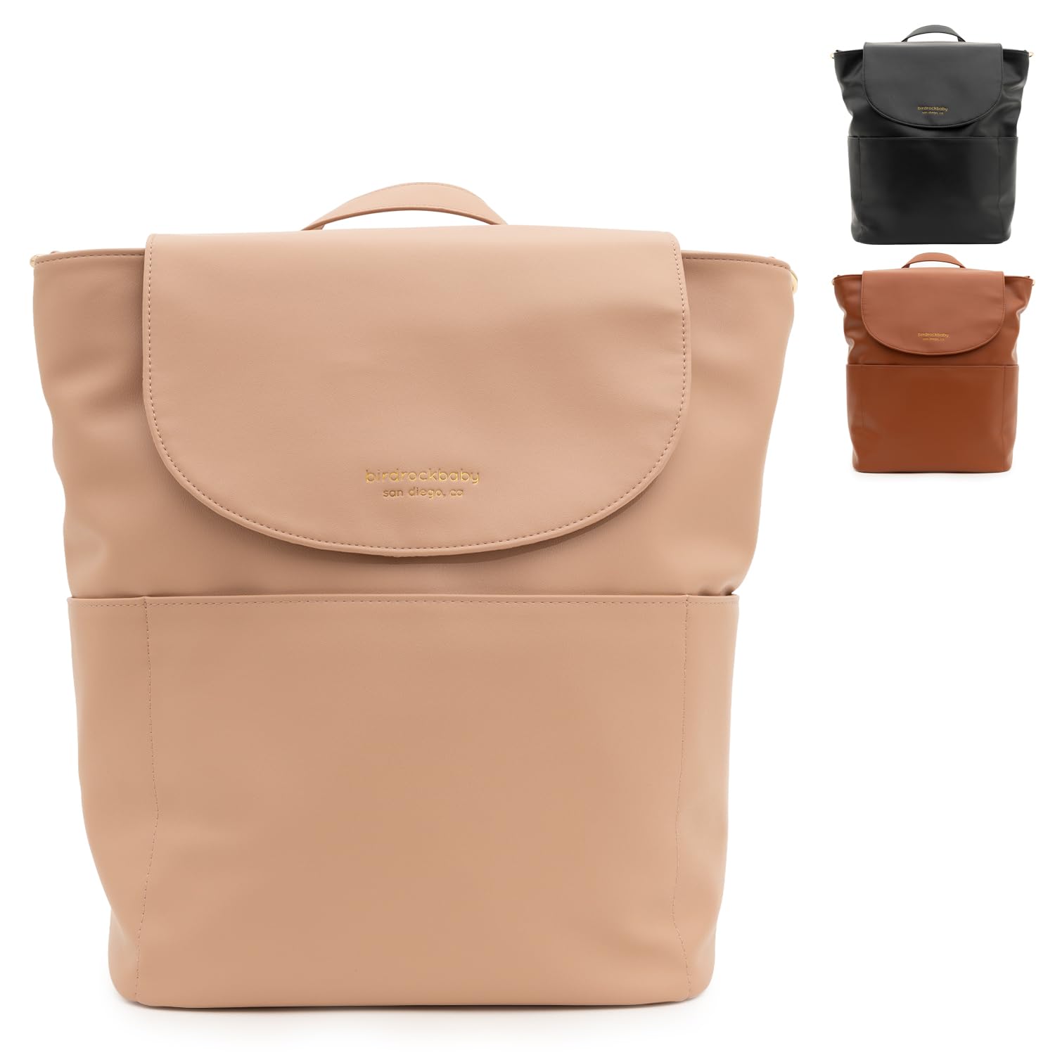 BirdRock Baby Seaside Diaper Bag Backpack - Stylish Vegan Leather, Large Capacity Travel Diaper Bag for Women (Dusty Rose)