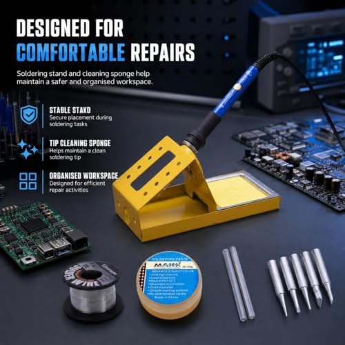 Image of 60W Adjustable Temperature Soldering Iron Kit | 5 Copper Tips | Soldering Stand With Sponge | Solder Wire Flux Paste | Electronics Repair Tool Set | Includes Glue Sticks | Pack of 12