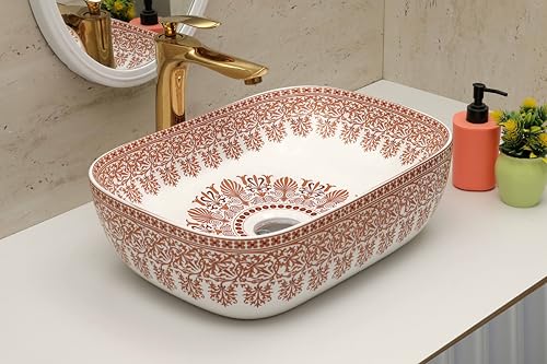 Image of Archstone Wash Basin for Bathroom-1 Year Warranty- Tabletop Washbasin - Ceramic Glossy Rectangle Designer Moroccan Countertop Vessel Sink, Dining Hall & Vanity 33x45x14.5 cm (Maroon Moroccan)