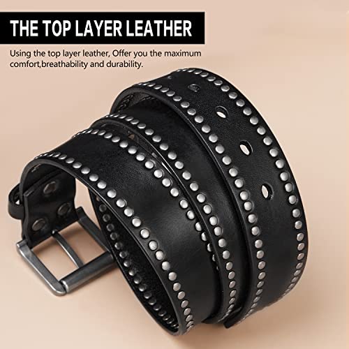 FIORETTO Mens Studded Genuine Leather Belts For Jeans Punk y2k Goth Vintage Retro Circle Rivets Belt With Buckle Black/Brown4
