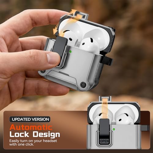 Image of Inesore for AirPods 4 Case with Secure Lock (Silver) | Phone Stand Design,Compatible with MagSafe,Automatic Snap Switch Secure Cover with Cleaner Kit & Keychain