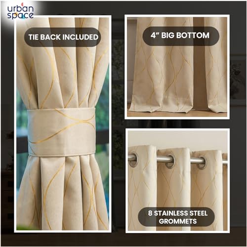 Image of Urban Space 80-85% True Blackout Curtains for Long Door, Gold Foil Printed Blackout Curtains, Blackout Decorative Door Curtain Eyelet with Tieback, 1 Piece Curtain for Living Room(Wave Beige, 8 Feet)