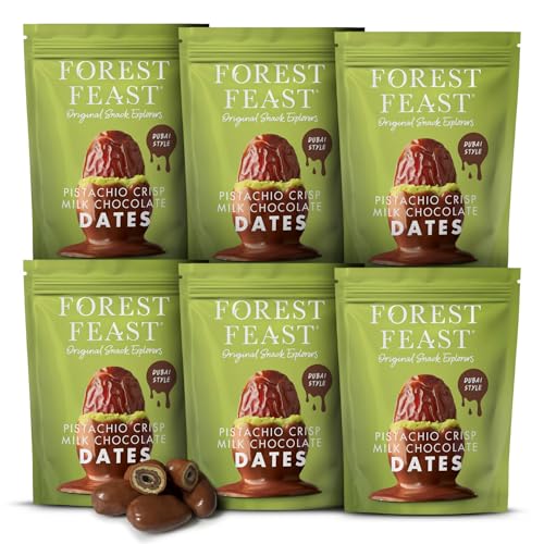 Forest Feast Pistachio Crisp Milk Chocolate Dates Chocolate Covered Dates Finished with Crunchy Pistachio Pieces - 6 x 120g Luxury Snacks