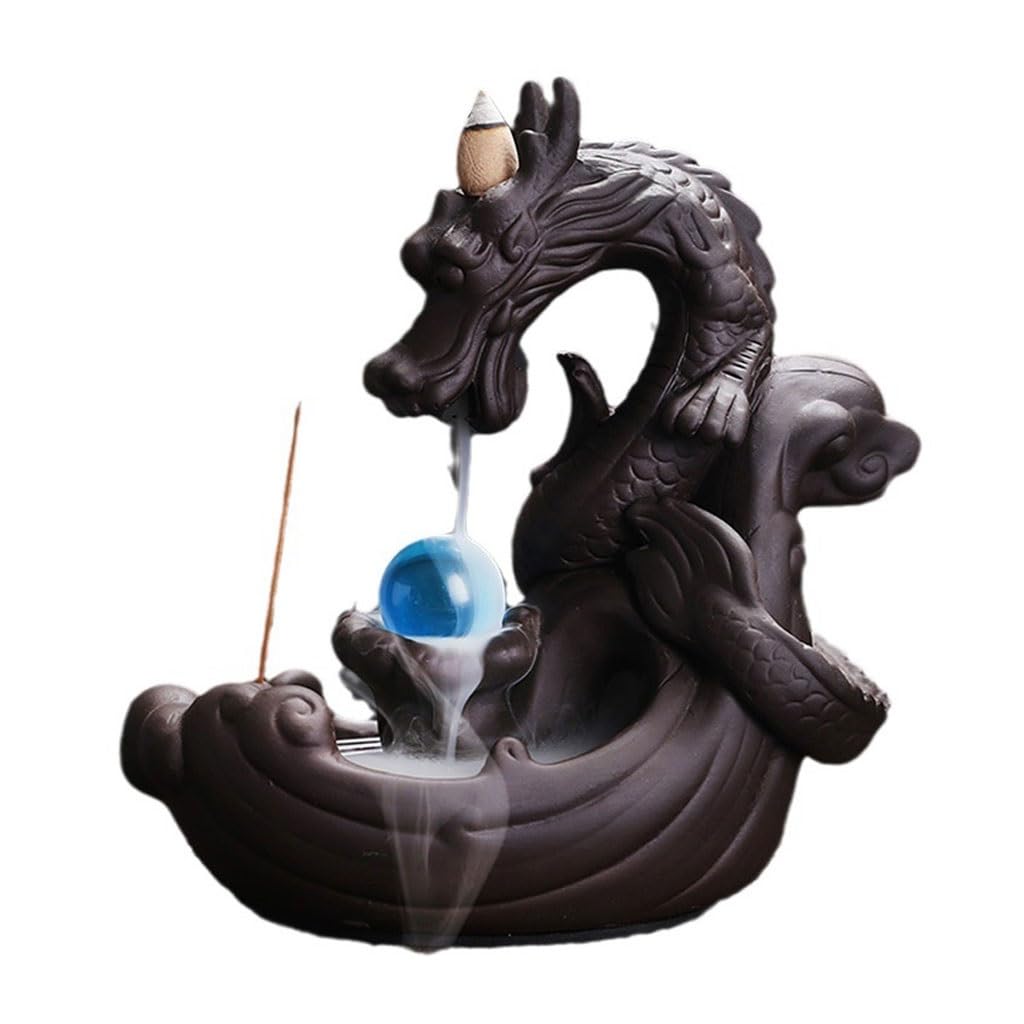 LYGXWJFC Bruciatore di incenso Bruciatore di incenso con riflusso di Argilla Viola Creativo Drago Cinese Decorazione Interna della casa Accessori per la Meditazione Brucia incenso a Cascata(M)