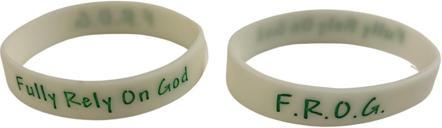 Inspirational Fully Rely On God Frog Glow In The Dark Wristbands Rubber Silicone Bracelets Religious Christian Ink Injected Embossed Size Small Bulk Pack 100 Count