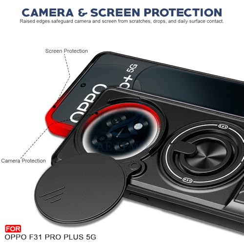 Image of AESTMO Oppo F31 Pro Plus 5G Back Cover | Armor Camera Slider 360 Degree Rotating Finger Ring Holder Case with Bracket Stand Back Case Cover (Compatible with MagSafe Accessories) (Black)
