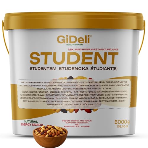 GiDeli Studentenfutter Premium 5kg im Eimer Fruchtmischung Mit Erdnüssen Cashewkernen Haselnüssen Mandeln Walnüssen Rosinen Cranberries & Bananenchips Ohne Zusatzstoffe