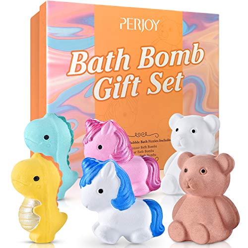 Perjoy Bath Bombs, Natural Bath Bomb Gift Set, 6 Bubble Bath Bombs for Women Kids, Dinosaur Bear Unicorn Fizzies, Shea Butter Spa Moisturize, Handmade Birthday Valentines Mothers Day Gifts for Her/Him