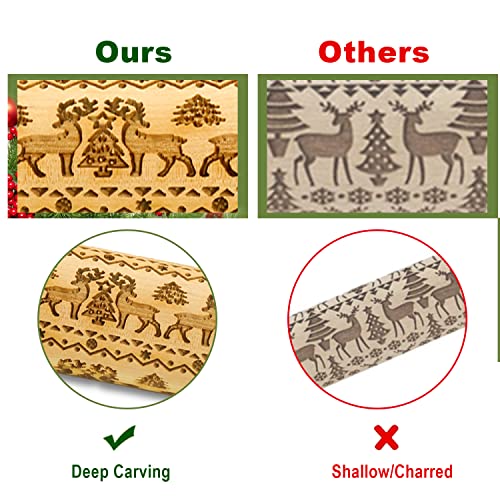 Embossed Wooden Rolling Pin, Engraved Embossing Rolling Pins With Christmas Elk Deer Pattern For Baking Cookies, Kitchen Diy Tool For Kids Adults (43Cm/16.9Inch) #TOP2