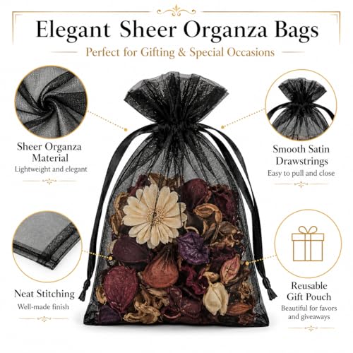 Image of Hopttreely 5x7 Black Organza Bags - Durable Mesh Drawstring Gift Bags with Sturdy Closure for Party Favors, Wedding, Jewelry, Easter, Halloween, Small Business Packaging, Sachet Bags