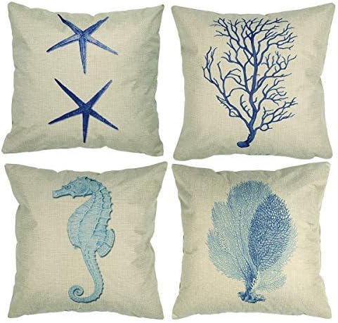 Itian Sea Themed Set of 4 Cotton Linen Pillow Cases Covers Decorative Cushion Cover Cushions Cover Seahorse Coral Starfish Seaweed Cushion Cover