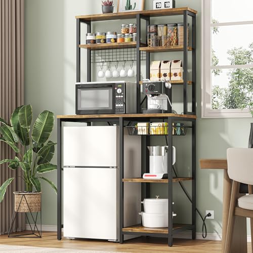 Saudism 7-Tier Mini Fridge Stand with Storage, Microwave Storage Shelf with Power Outlet, Bakers Rack Stand, All in one Shelf for Dorm Kitchen Coffee Bar, Vintage Brown
