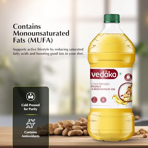 Image of Amazon Brand - Vedaka Cold Pressed Groundnut (Peanut) Oil | 2 L | Cooking Oil | Pure & Unrefined | Contains MUFA & Omega -6 | Contains Antioxidants | Rich Aroma & Flavour Of Groundnuts