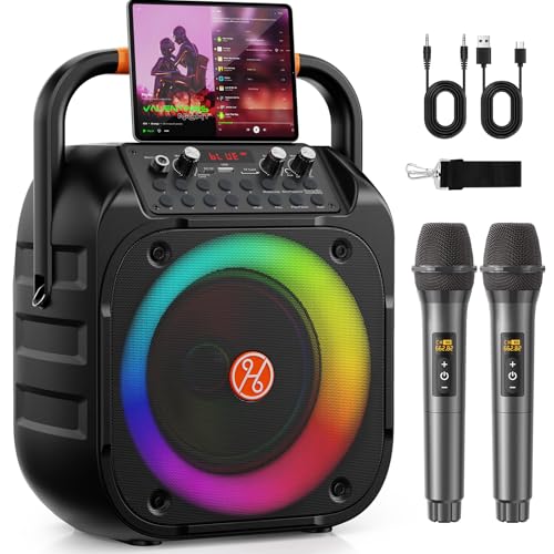 HWWR Máquina Karaoke Bluetooth Portátil Sistema Karaoke con 2 Micrófonos, Regulación de Eco, Luz LED, Sistema PA