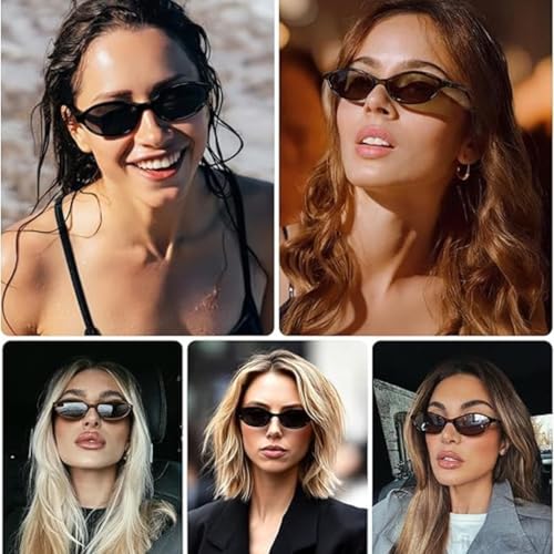 Image of Retro Cat Eye Oval UV Protection Chic Sunglasses for Women Stylish - Anti Glare UV400 Protected Designer Branded Goggles - Metal Hinges Unisex Glasses - Trendy Narrow Y2K Cateye Shades