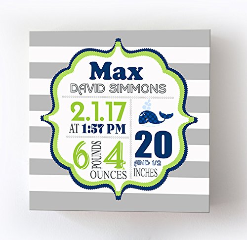 Personalized Stretched Canvas, Striped Nautical Birth Announcement, Custom Baby Name, Date, Weight Stats, Whale Nursery Wall Decor, Wooden Frame Construction, Ready to Hang 24X24