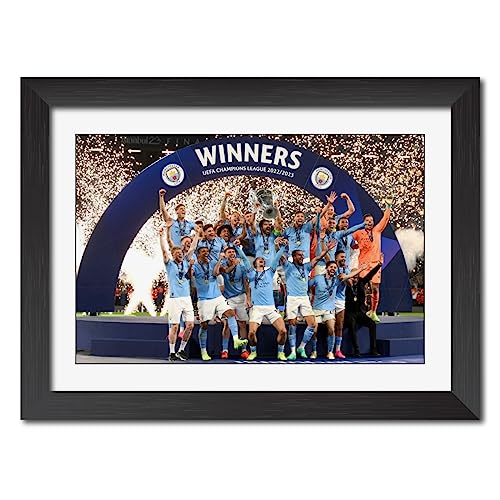 Image of TenorArts Man City Champions League Poster UCL 2023 Trophy Celebration Wall Photo Frame Painting with Matt Finish Black Texture (12 inches x 9inches)