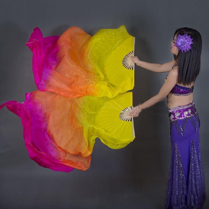 1 Pair Women Real Silk Belly Dance Fan Veils - Handmade Long Bamboo Fans for Professional Dancing 180cm * 90cm (Left+Right) - Image 3