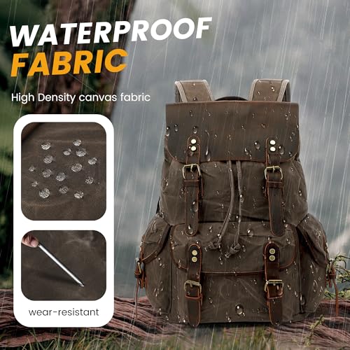 Image of HuaChen Vintage Waxed Canvas Backpack with Genuine Leather Flap, Travel & Work Rucksack, Water-Resistant Daypack with Anti-Theft Pocket, OVERSIZE - M80 Grey XL