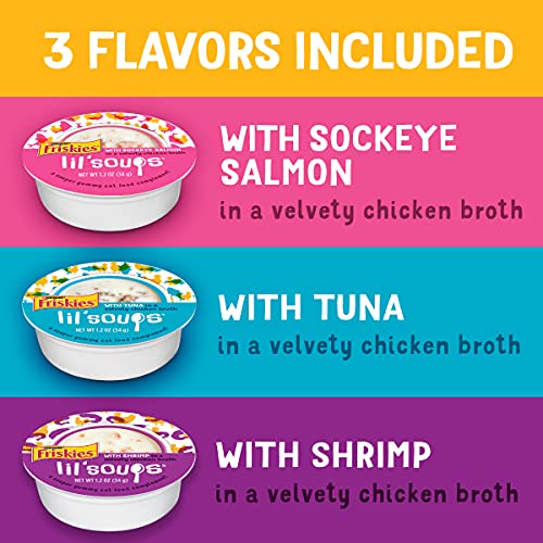 Purina Friskies Grain Free Wet Cat Food Complement Variety Pack, Lil' Soups With Salmon, Tuna Or Shrimp - (30) 1.2 Oz. Cups #TOP1