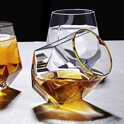 CROPDAK Diamond Whiskey Glasses Set of 6, Lead-Free Crystal Clear Whisky Glass,Luxury Whiskey Glass with Gold Rim, Perfect for Whiskey, Scotch, and Bar Old Fashioned Cocktails (Golden Rim, 6) (18) 1