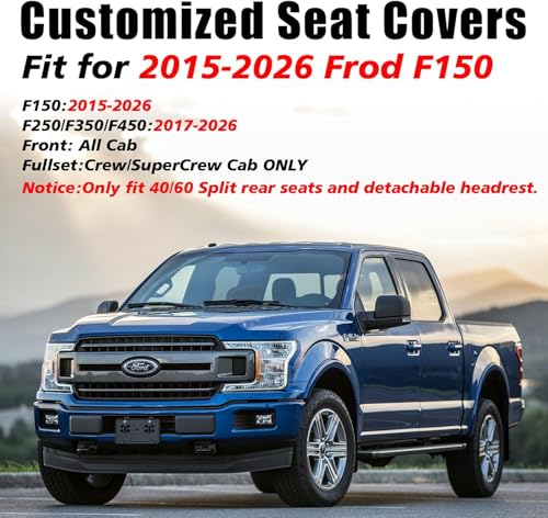 Image of Coverado Full Set Leather Car Seat Covers for F150,Waterproof Automotive Seat Covers for Cars,SUVs,Pickup Trucks,Compatible with 2015-2026 F150 SuperCrew,2017-2026 F250 F350 F450 Crew Cab, Blue Line