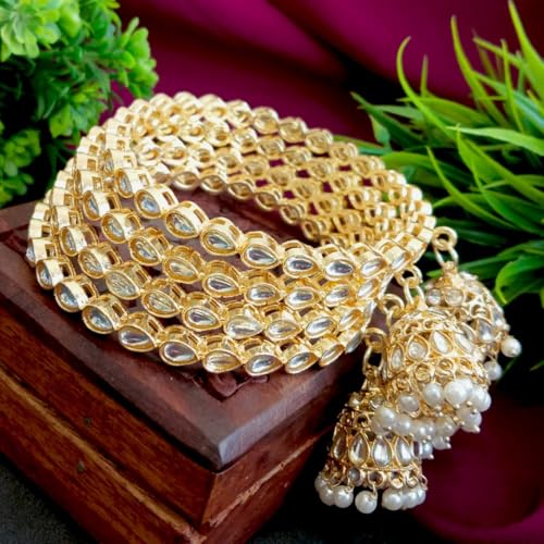 Efulgenz Indian Bangles for Women Bollywood Wedding Party Bracelet Bangles Crystal Kundan Faux Pearl Jhumka Tassel Bracelet Bangle Set Jewelry for Women (4 Pcs)2