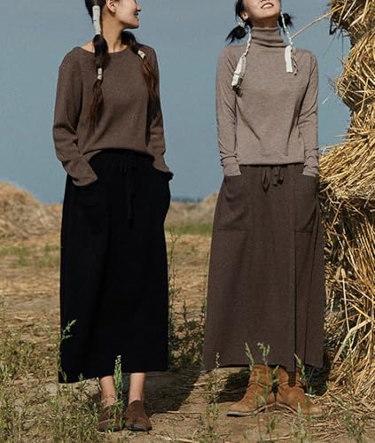 Women's Maxi Wool Skirt with Pockets Elastic High Waist Drawstrings Autumn Winter Pleated Midi Skirt3