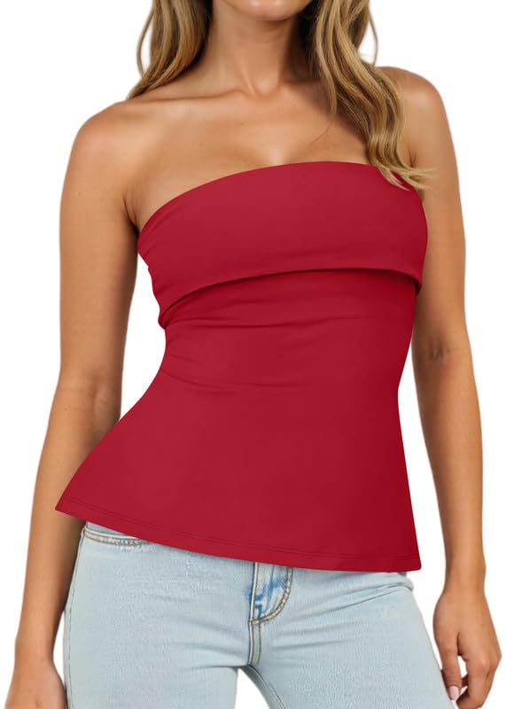 Sukiglam Tops De Tubo para Mujer Camiseta Sin Tirantes Verano Sexy Crop Top Bandeau con Hombros Descubiertos Elástica Busto de Doble Capa Y2k Shirt Tunic Camisetas Sin Mangas Hendidura en el Lado