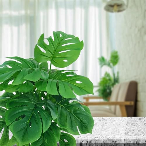 Image of Dekorly Plastic Fake Plants Artificial Floor Plants Large Tropical Palm Tree Tall Monstera Plant in Pot Faux Plants for Indoor Outdoor Home (Monstera | White Pot, Pack of 2)