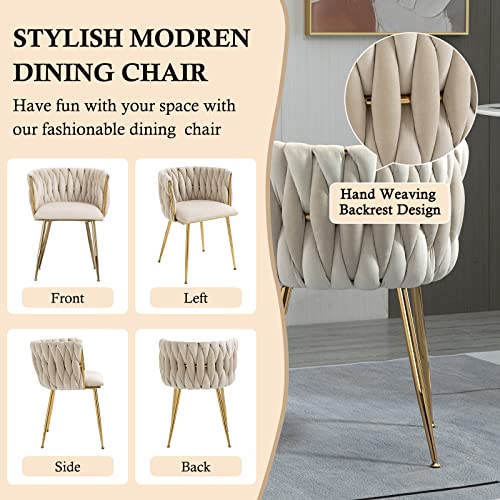 Nioiikit Modern Velvet Dining Chairs Set Of 2 Hand Weaving Accent Upholstered Side Chair With Golden Metal Legs For Dining Room Kitchen Vanity Living Room(Ivory) #TOP3