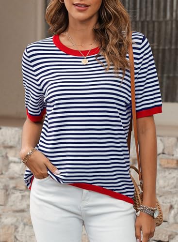 Image of Womens Sweaters Casual Crewneck Short Sleeve Striped Color Block Knitted Cotton Trendy Pullover Sweater Tops